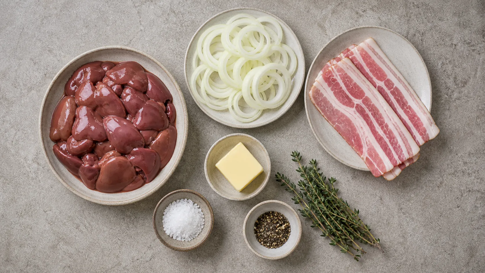 Zutaten für Keto Hähnchenleber: Hähnchenleber, Zwiebelringe, Speck, Butter, Thymian, Salz und Pfeffer