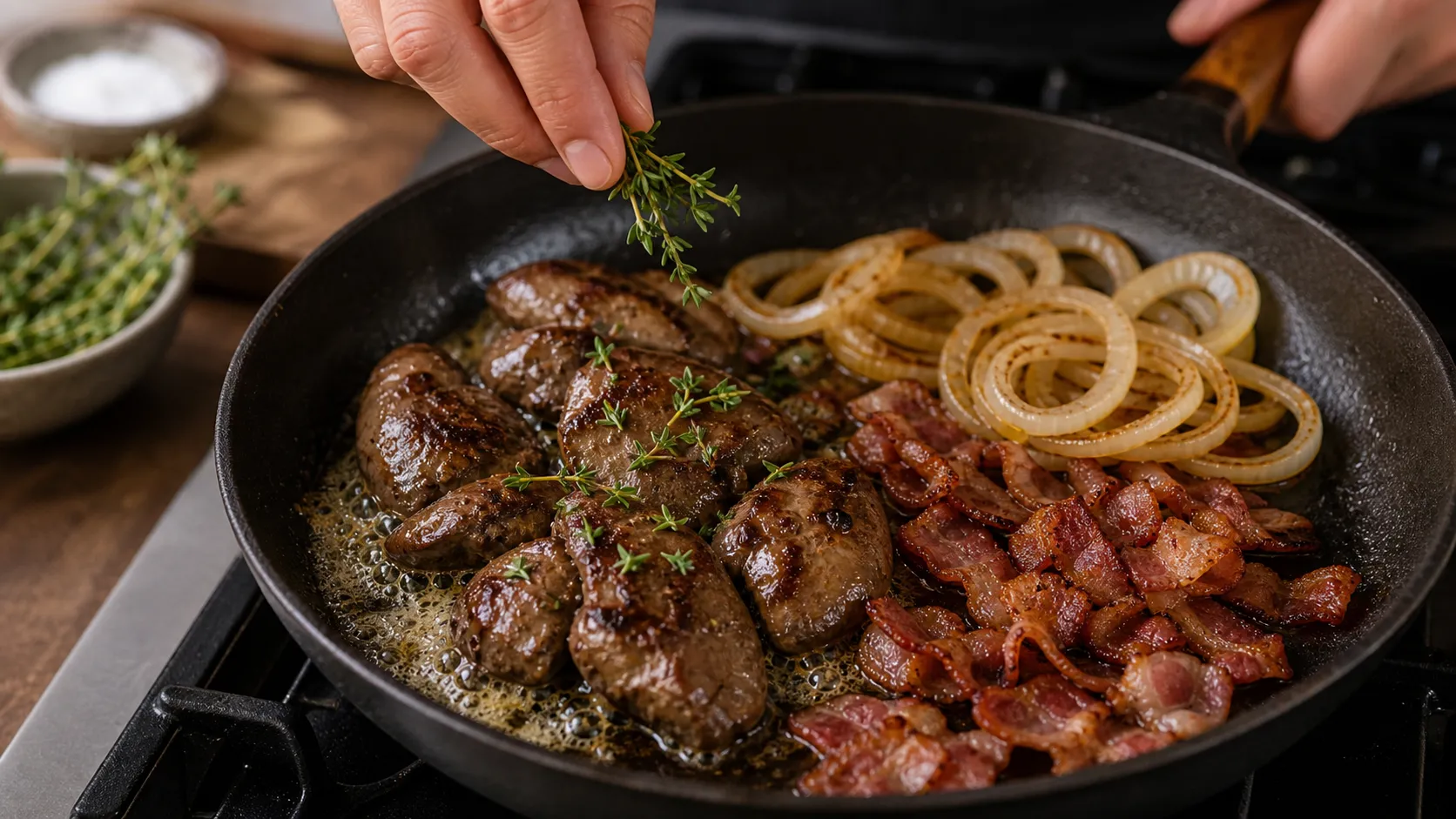 Hähnchenleber brät in Butter in der Pfanne mit Zwiebeln, Speck und frischem Thymian
