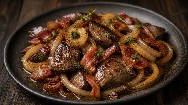 Keto Hähnchenleber mit gebratenen Zwiebeln, knusprigem Speck und Thymian angerichtet