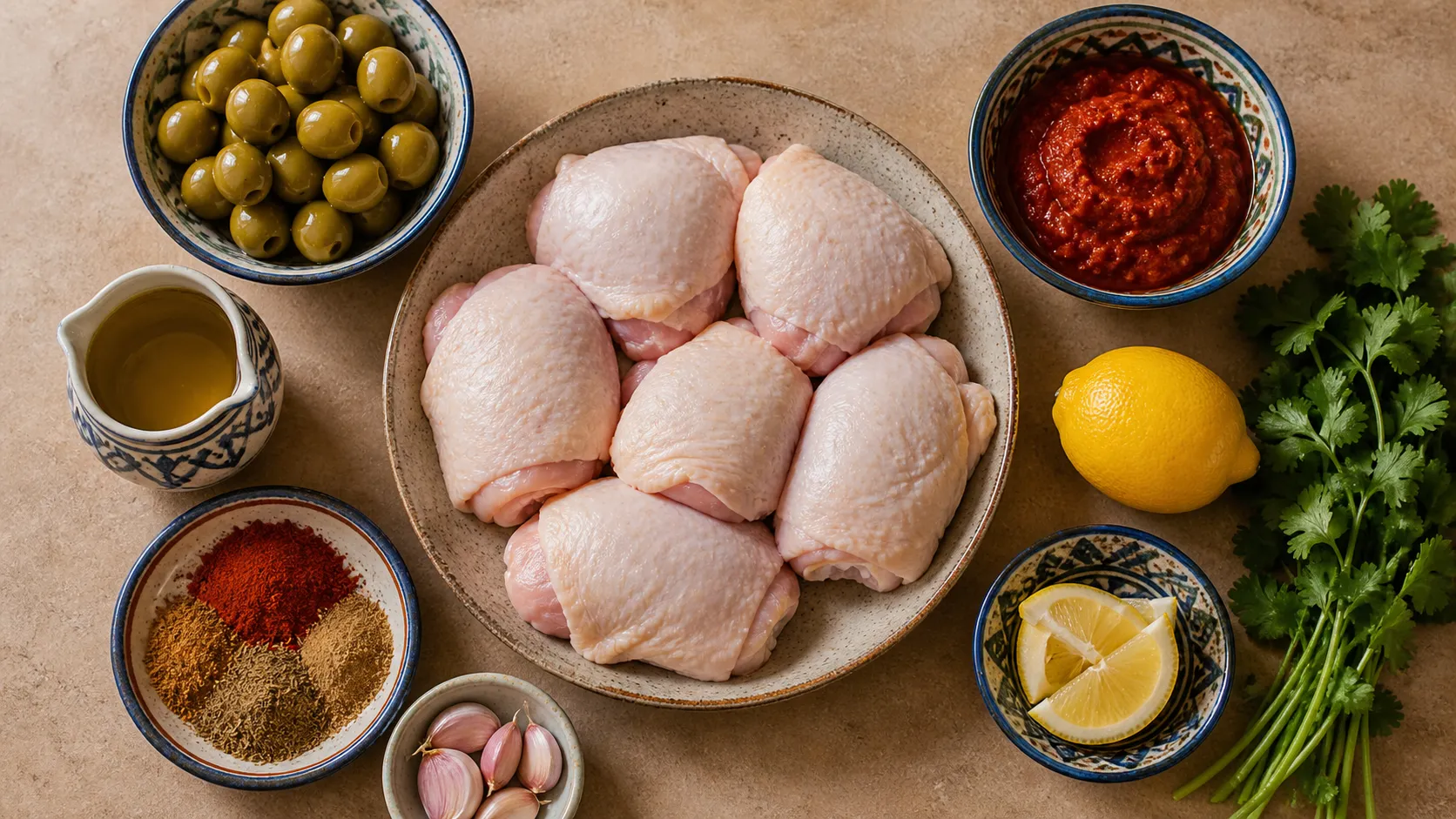 Zutaten für Keto-Hähnchenschenkel mit Harissa: Hähnchenschenkel mit Haut, Harissa-Paste, grüne Oliven, Zitrone, Olivenöl, Koriander und Knoblauch