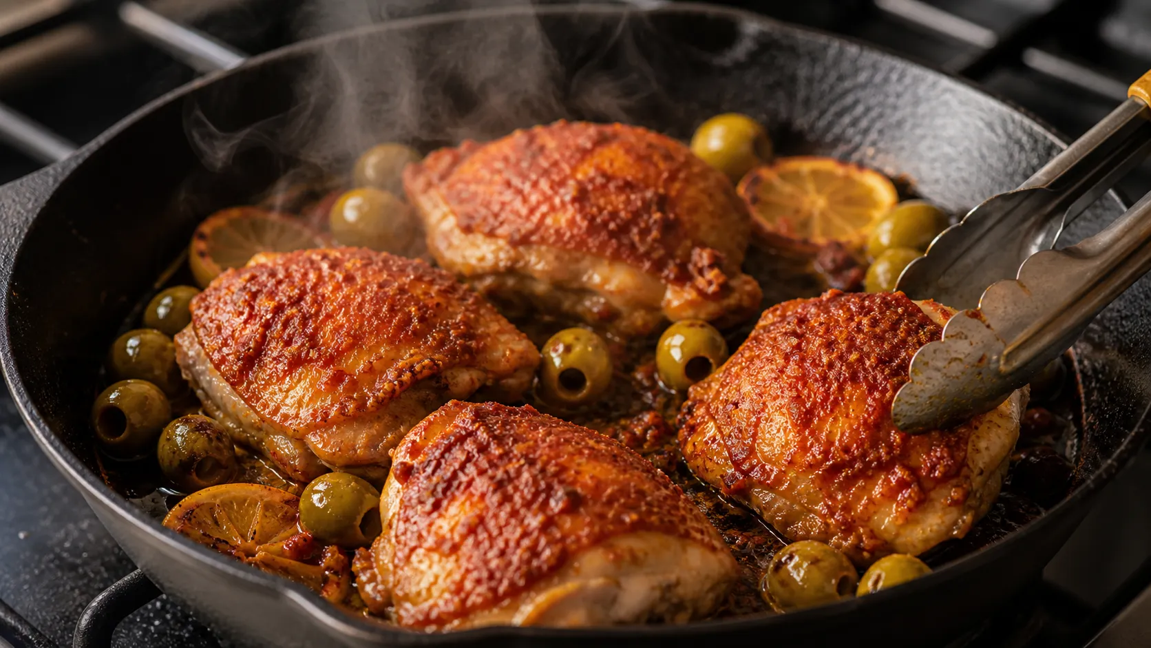 Hähnchenschenkel werden in einer Pfanne mit Harissa-Paste knusprig angebraten