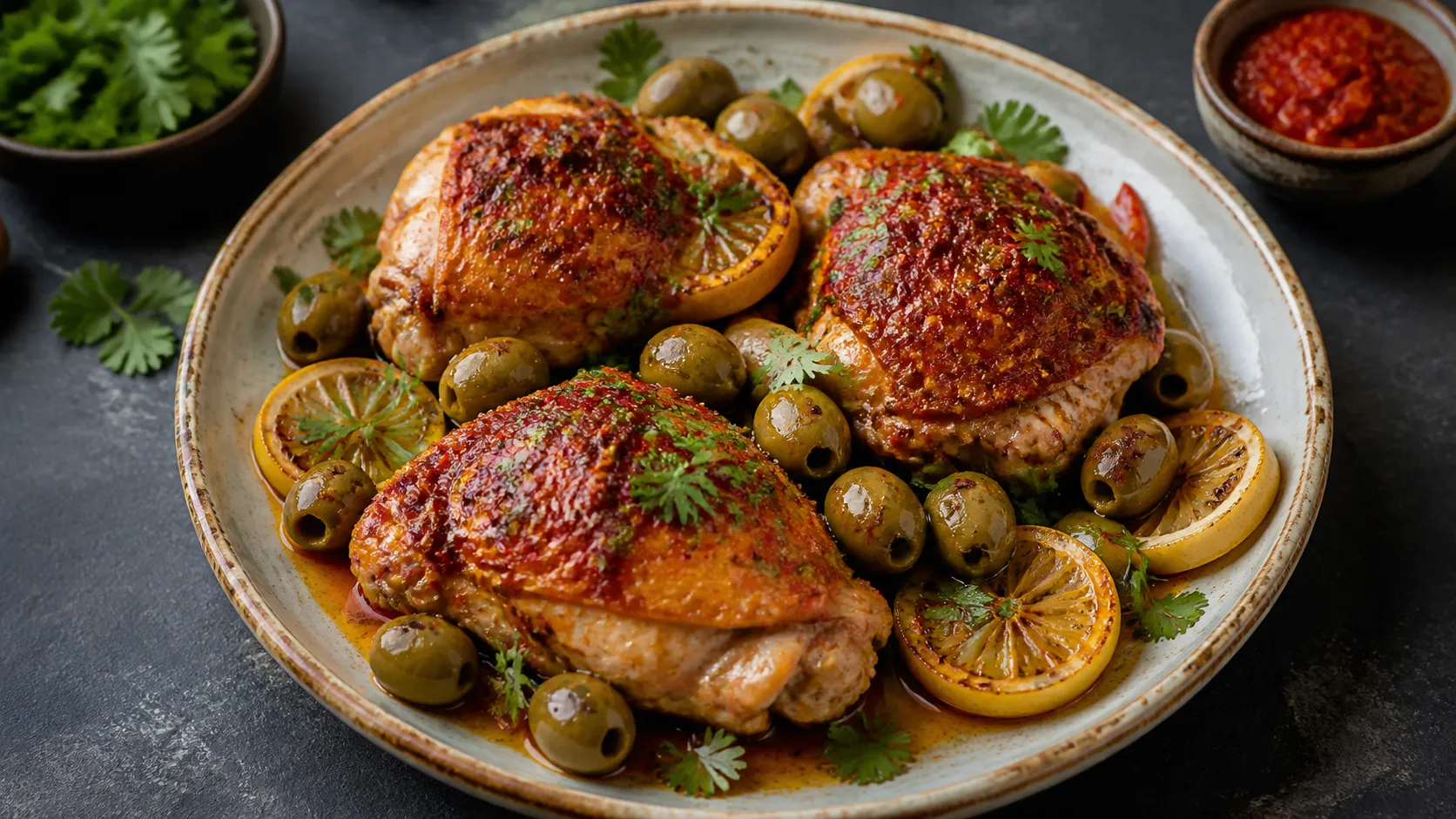 Keto-Hähnchenschenkel mit roter Harissa-Kruste, grünen Oliven und Zitronenscheiben auf einem Teller mit frischem Koriander
