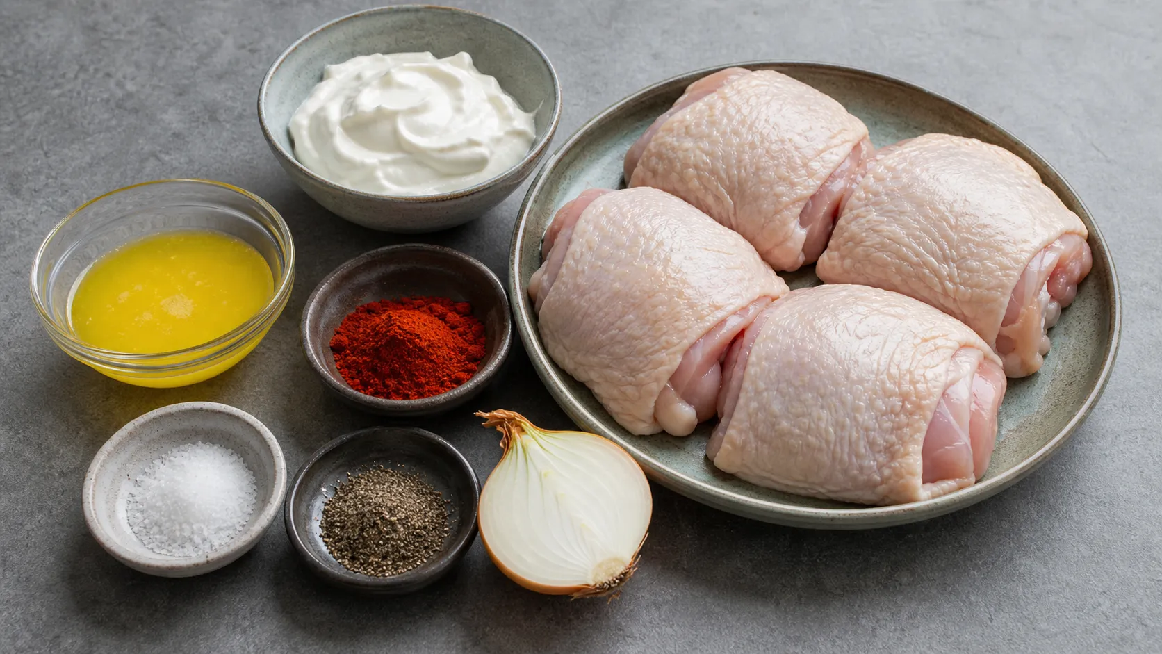 Zutaten für Keto Hähnchenschenkel in Paprika-Schmand: ausgelöste Hähnchenschenkel, Schmand, Butterschmalz, Paprikapulver und Zwiebel