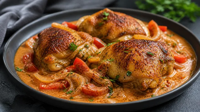 Keto Hähnchenschenkel in cremiger Paprika-Schmand-Sauce mit goldbrauner Haut in einer gusseisernen Pfanne