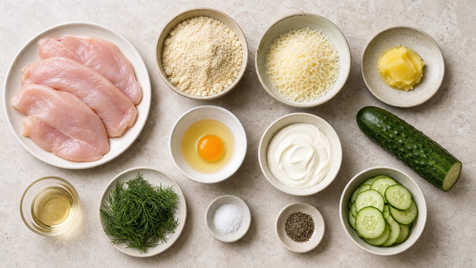 Zutaten für Keto Hähnchenschnitzel: Hähnchenbrust, Mandelmehl, Parmesan, Ei, Gurke und Schmand
