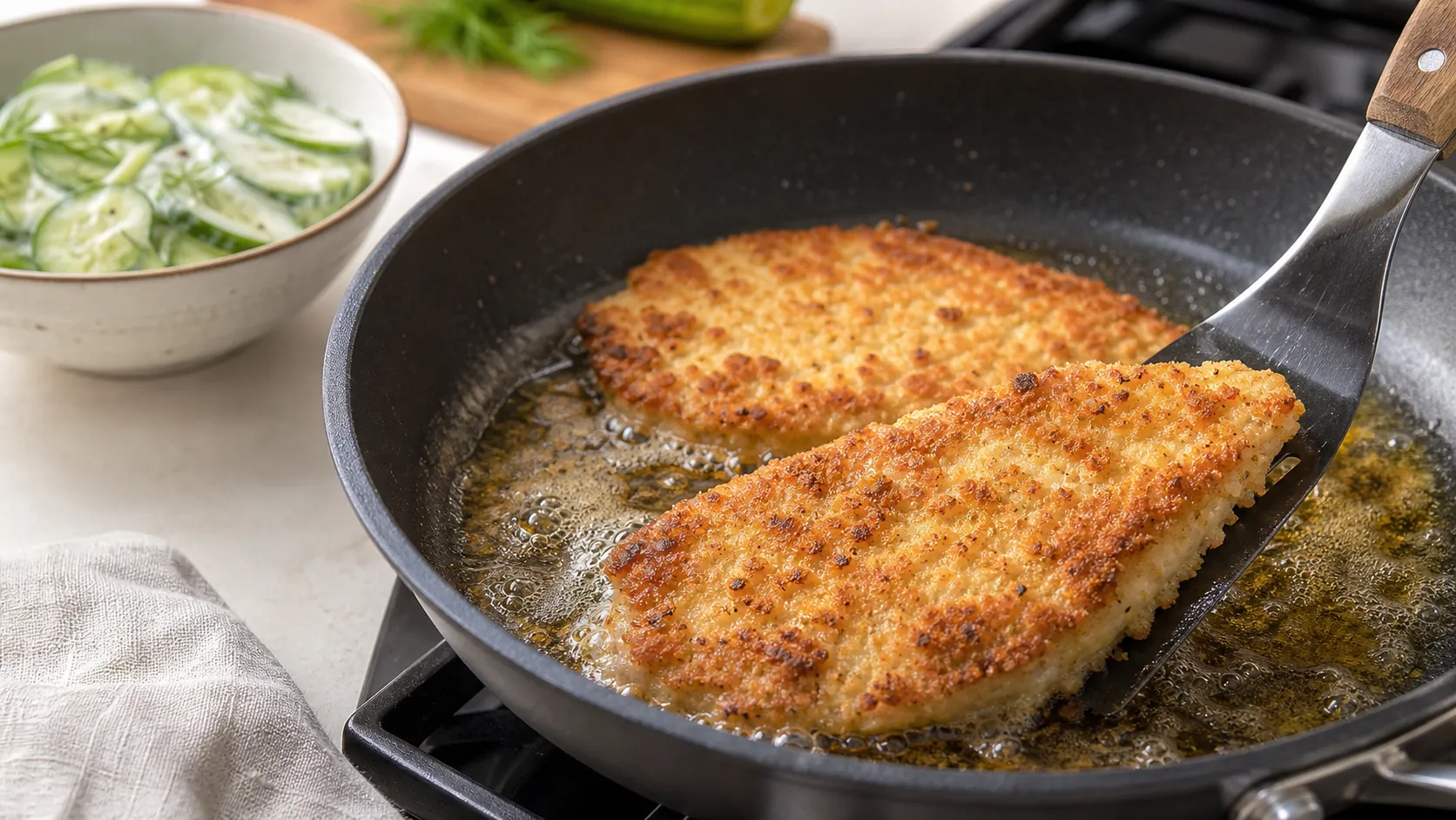Hähnchenschnitzel in Mandel-Parmesan-Panade brät goldbraun in der Pfanne
