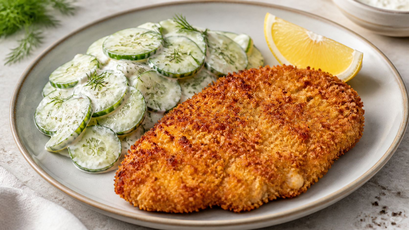 Knuspriges Keto Hähnchenschnitzel in Mandelpanade mit cremigem Gurkensalat und Zitronenspalte auf einem Teller