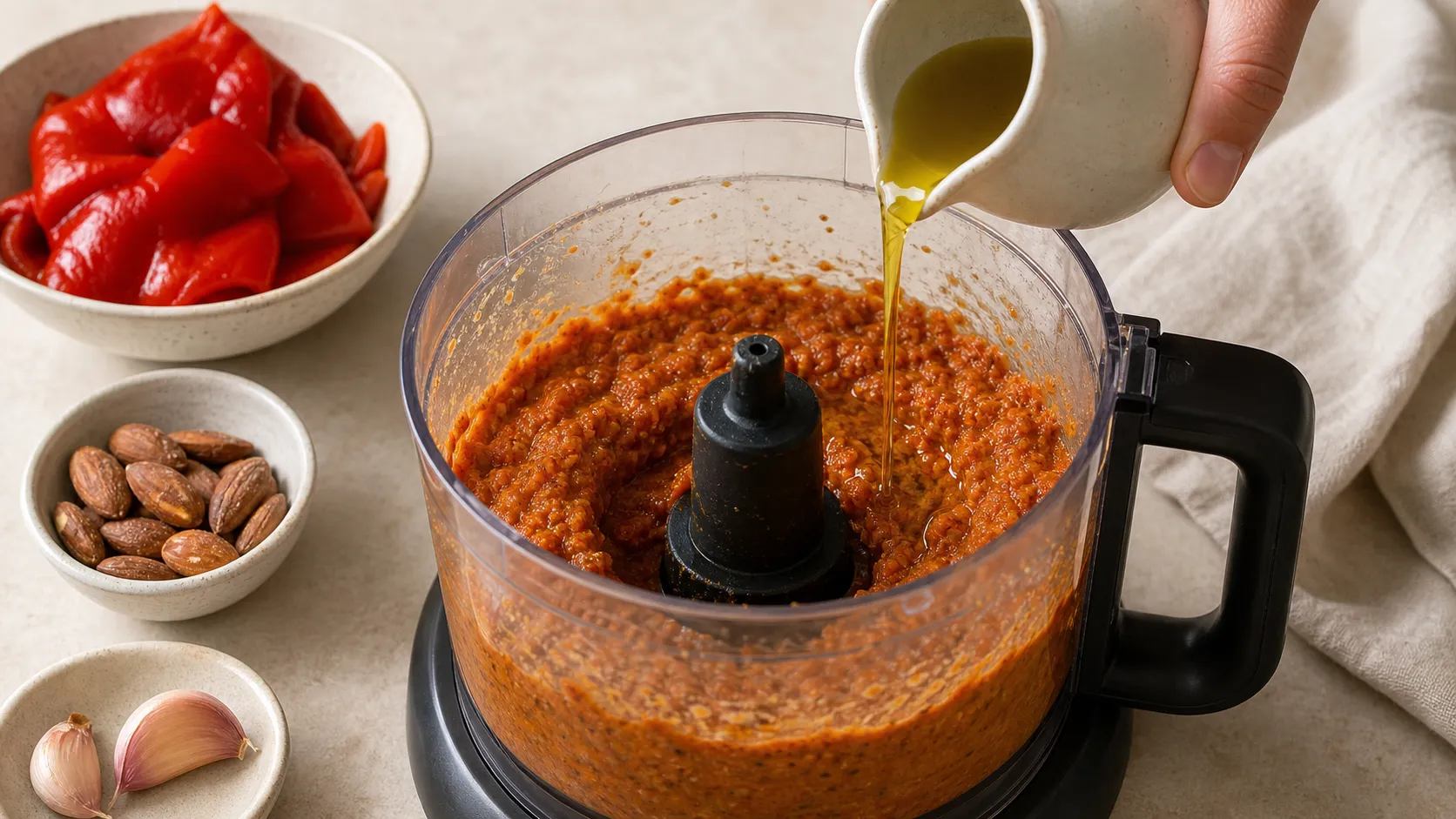 Geröstete Mandeln, Paprika und Knoblauch werden im Mixer zu Romesco-Sauce verarbeitet