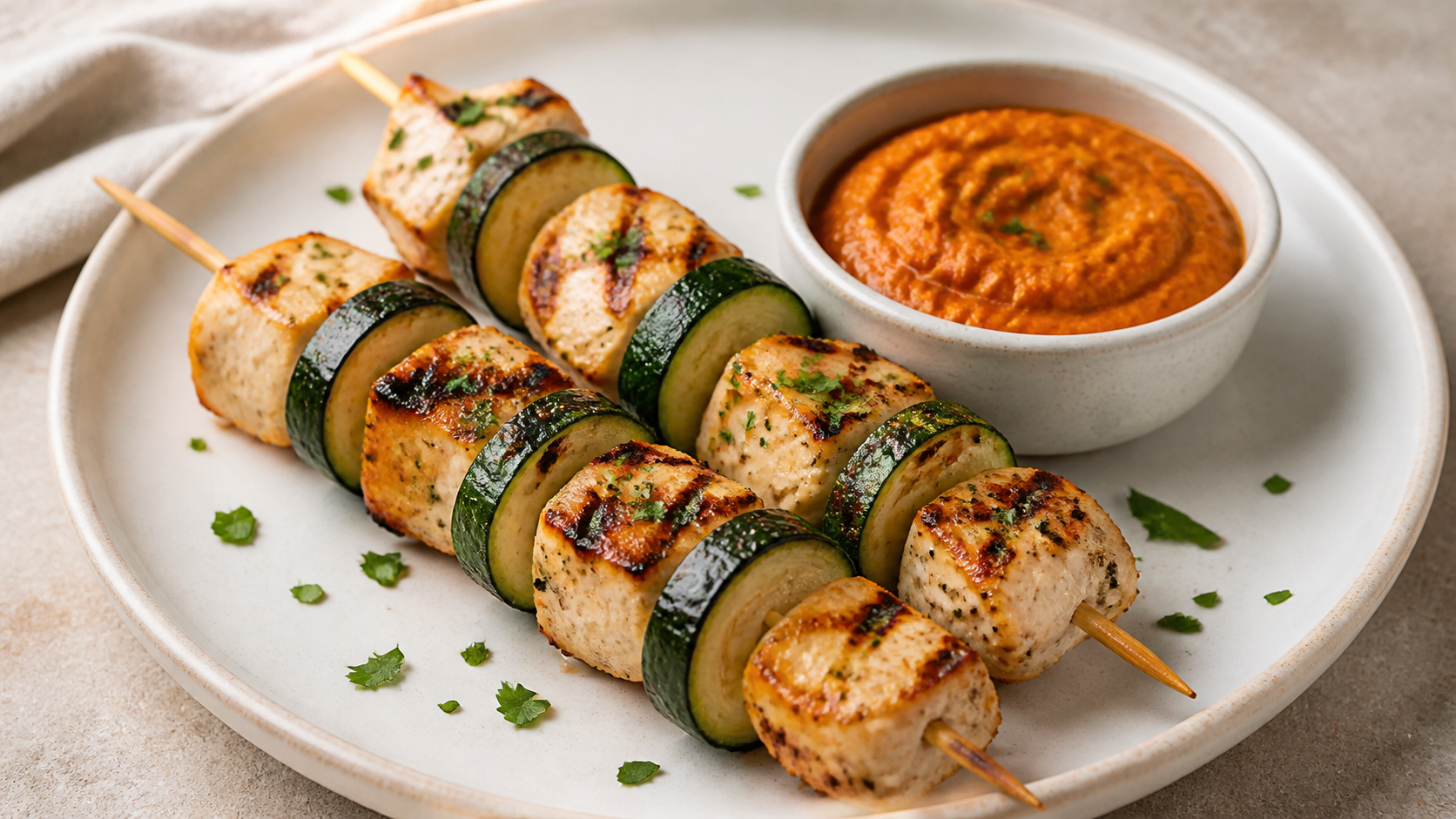 Gegrillte Keto-Hähnchenspieße mit Zucchini auf einem Teller, daneben eine Schale Mandel-Romesco