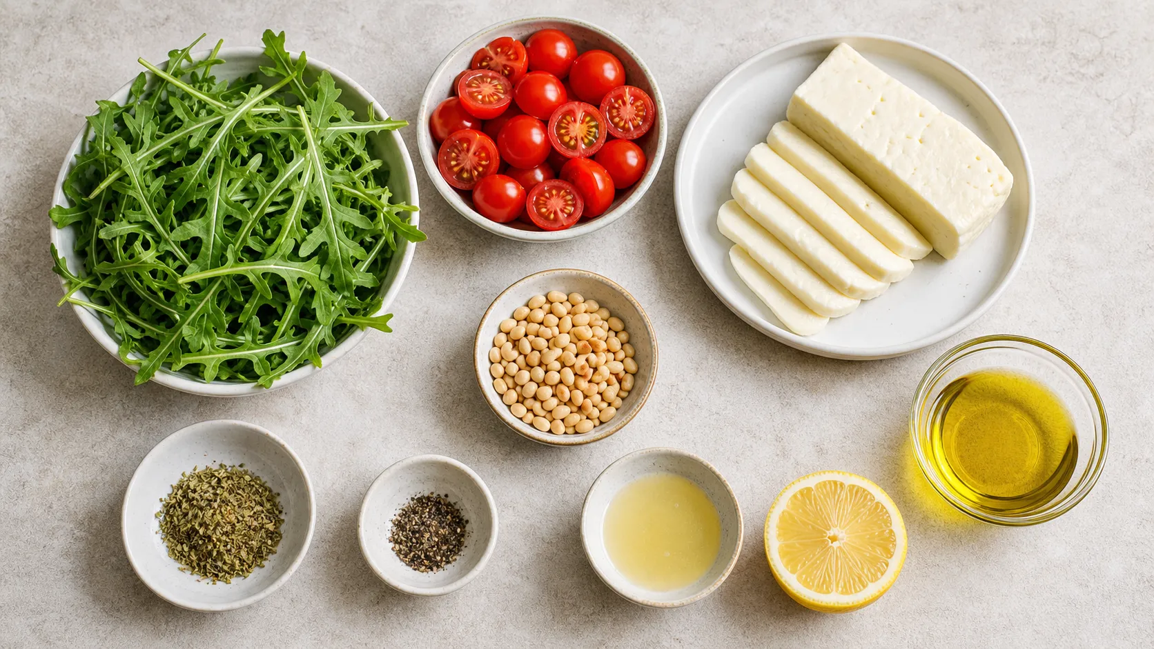 Zutaten für Keto-Halloumi-Rucola-Salat mit Halloumi, Rucola, Cherry-Tomaten, Pinienkernen, Olivenöl und Zitrone