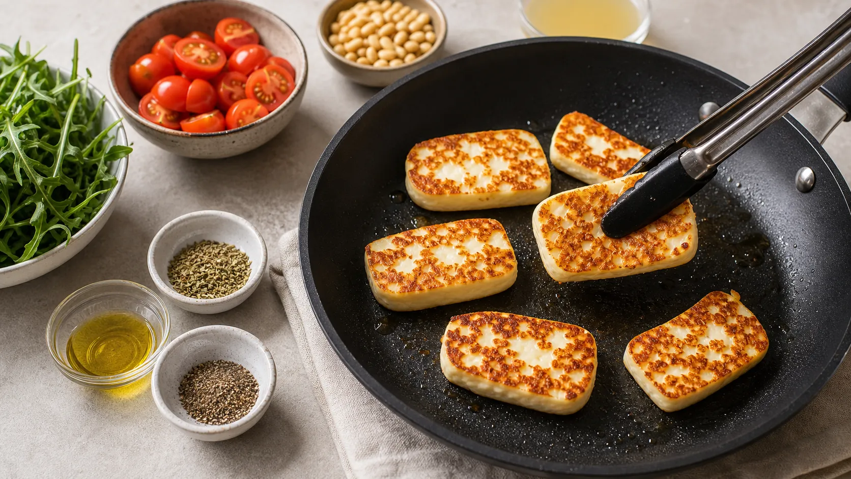Halloumi-Scheiben werden in der Pfanne goldbraun für den Keto-Rucola-Salat gebraten