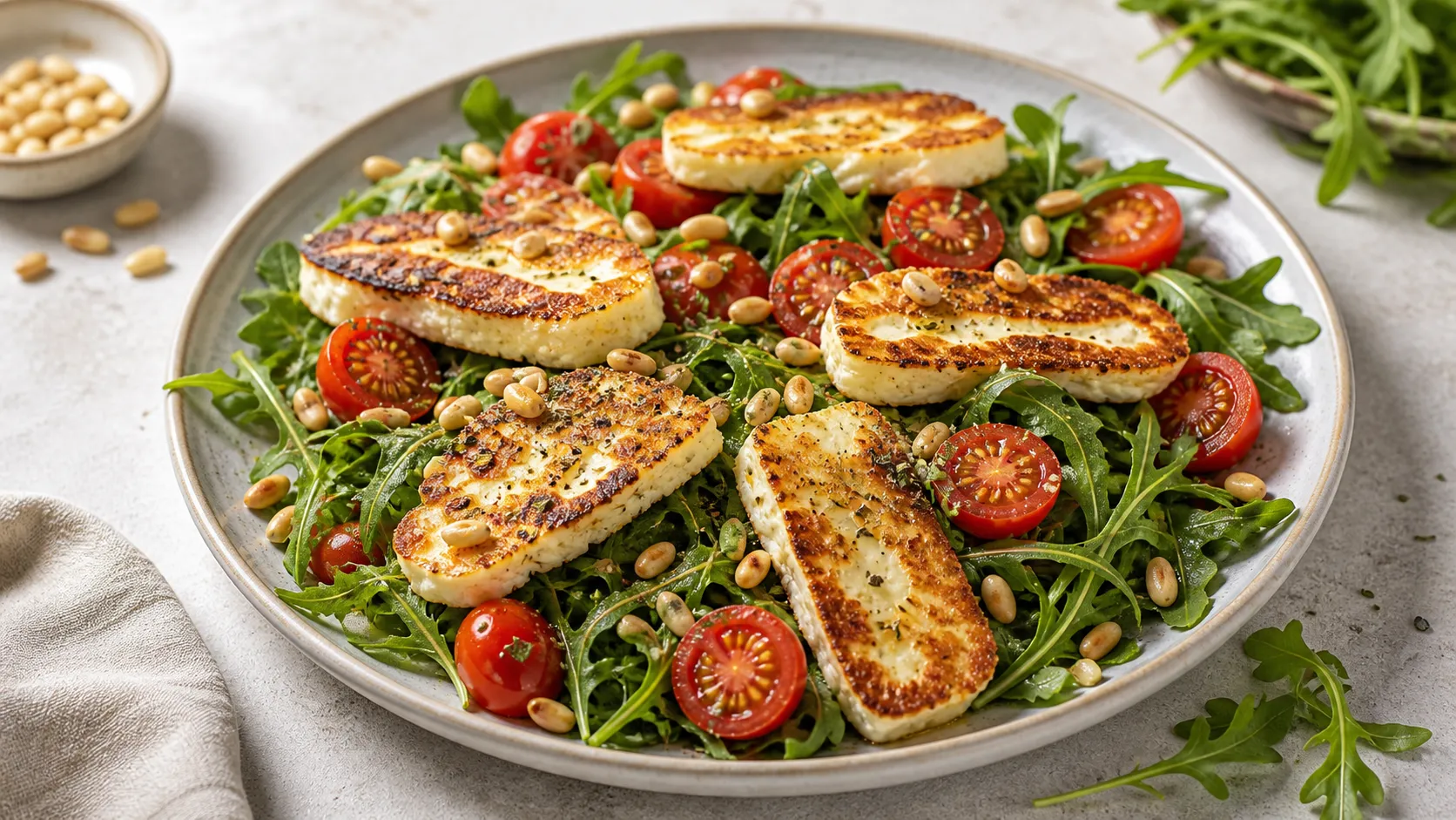 Keto-Halloumi-Rucola-Salat mit goldbraun gebratenem Halloumi, Rucola, Cherry-Tomaten und Pinienkernen