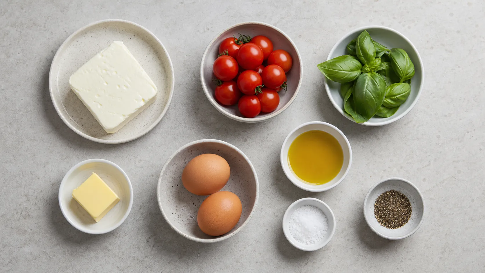 Zutaten für das Keto-Frühstück: Halloumi am Stück, Eier, Cherry-Tomaten, Butter, Olivenöl und Basilikum