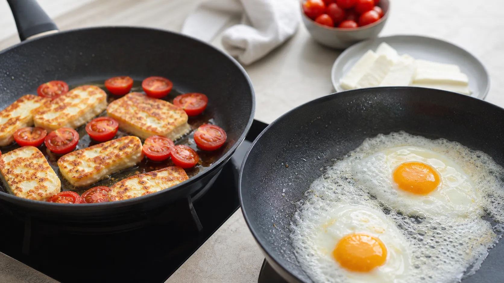 Halloumi-Scheiben und halbierte Cherry-Tomaten braten in einer Pfanne, daneben Spiegeleier in Butter