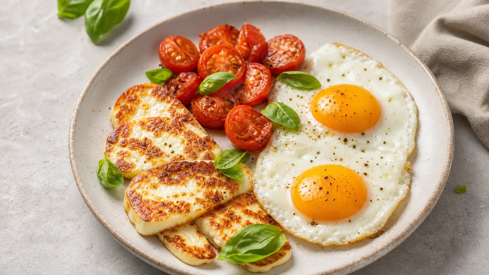 Goldbraun gebratene Halloumi-Scheiben mit Spiegelei und angebratenen Cherry-Tomaten auf einem Frühstücksteller