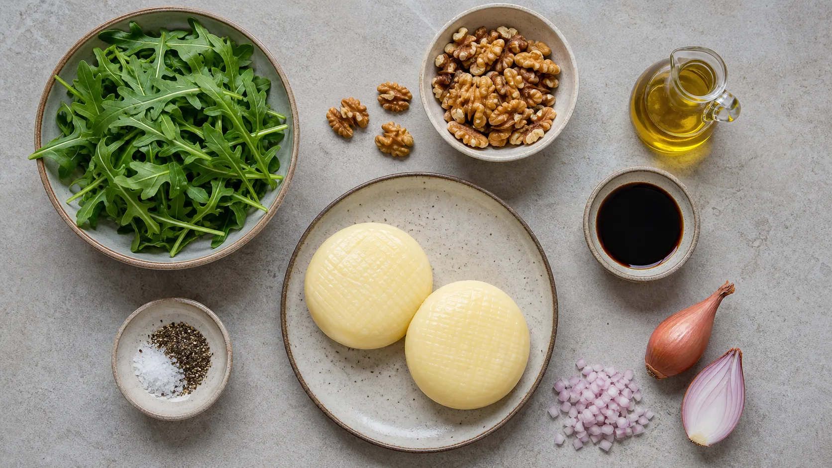 Zutaten für Handkäse auf Rucola: Handkäse, Rucola, Walnüsse, Balsamico, Olivenöl und Schalotte