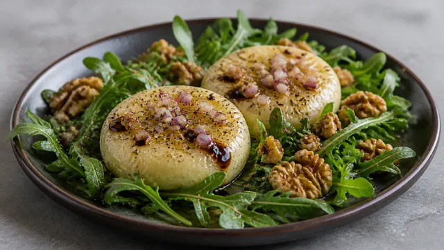 Handkäse auf Rucola mit gerösteten Walnüssen, Balsamico-Vinaigrette und Schalotten