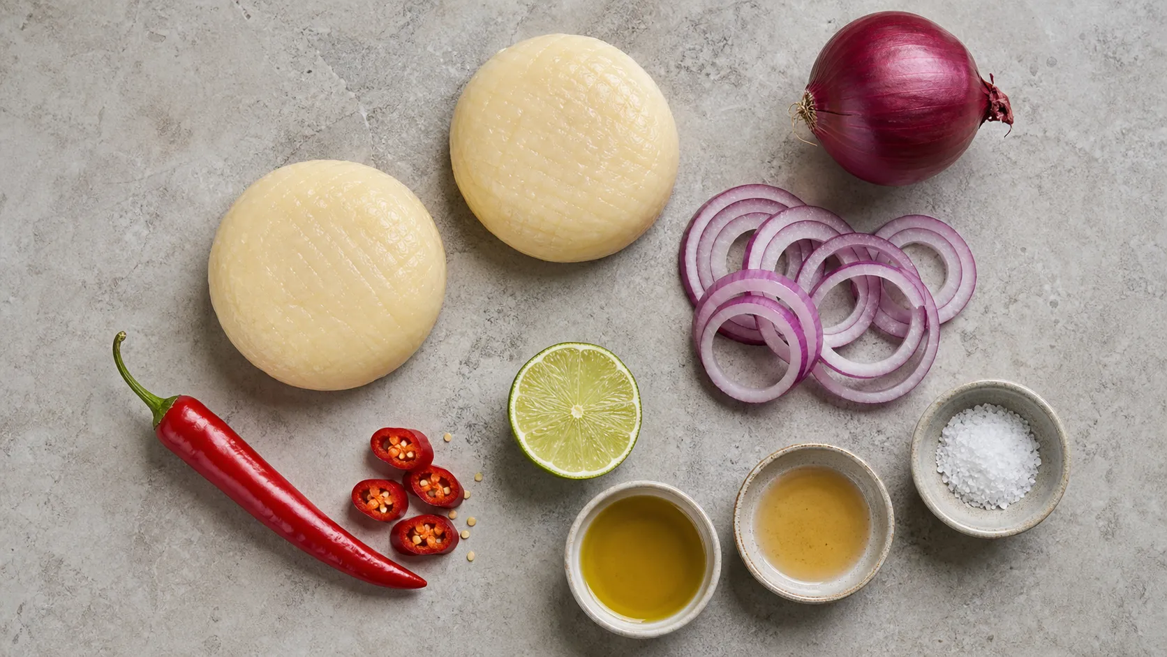 Zutaten für scharfen Handkäse: Handkäse, rote Zwiebel, Chili, Limette, Olivenöl und Apfelessig