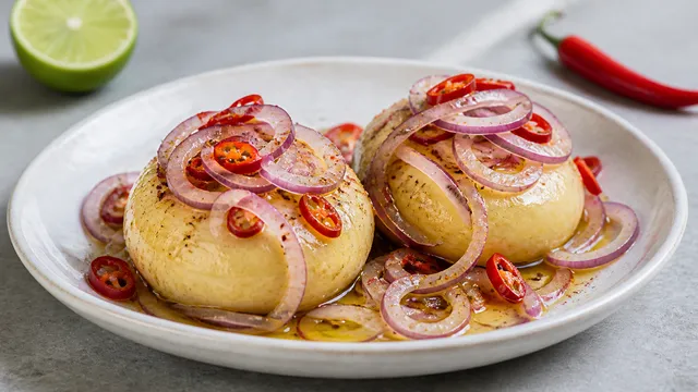 Scharfer Handkäse mit Chili, roten Zwiebeln, Limettensaft und Olivenöl