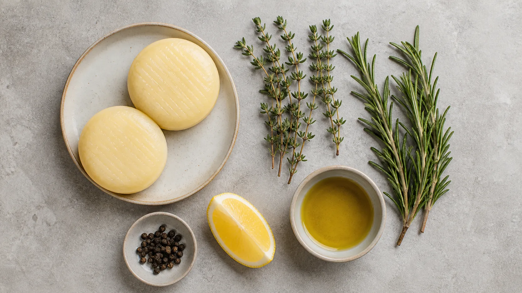 Zutaten für Dampfgarer-Handkäse: Handkäse, Thymian, Rosmarin, Olivenöl und Zitrone