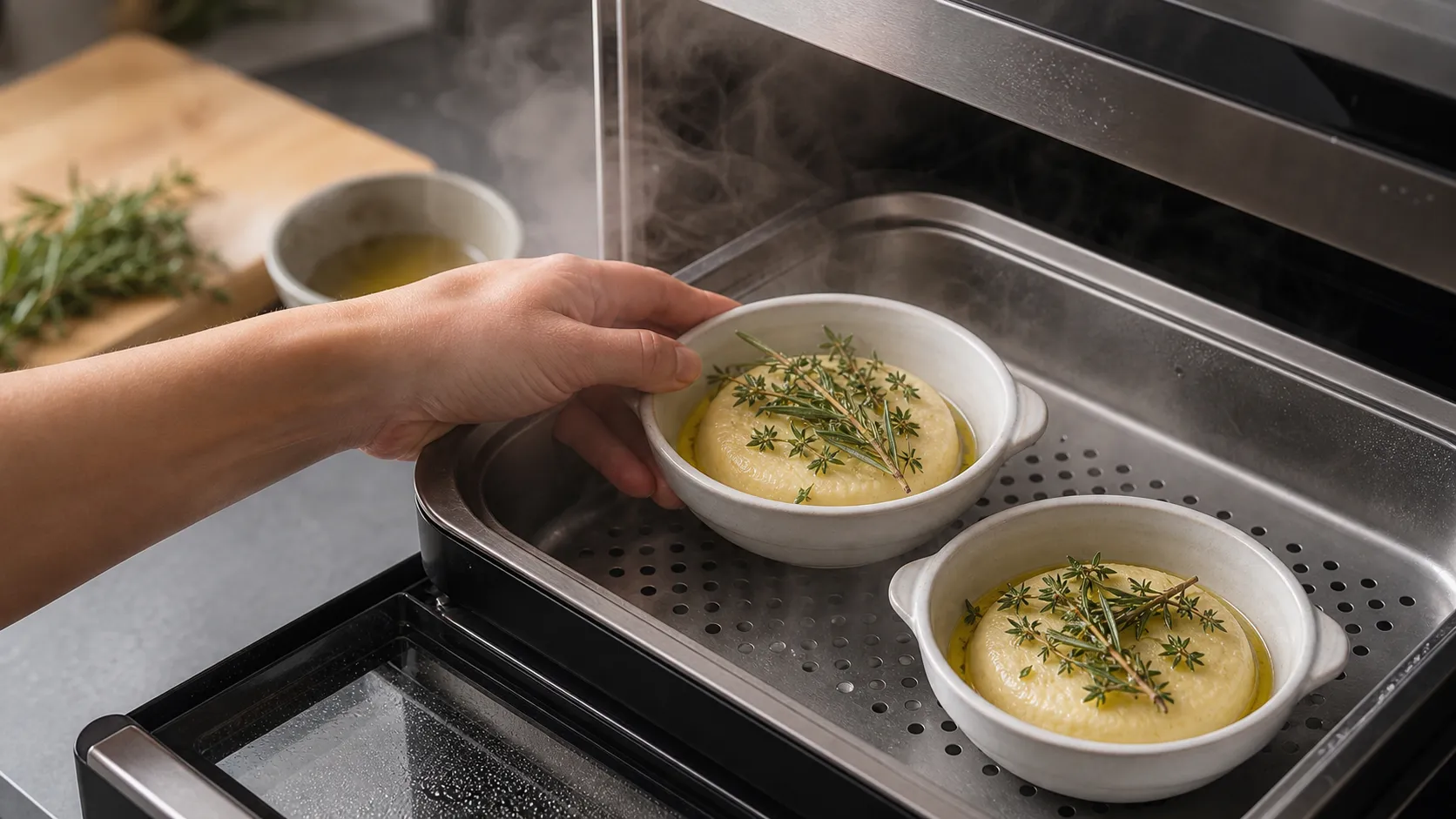 Handkäse wird im Dampfgarer in einem Schälchen mit Kräutern gegart