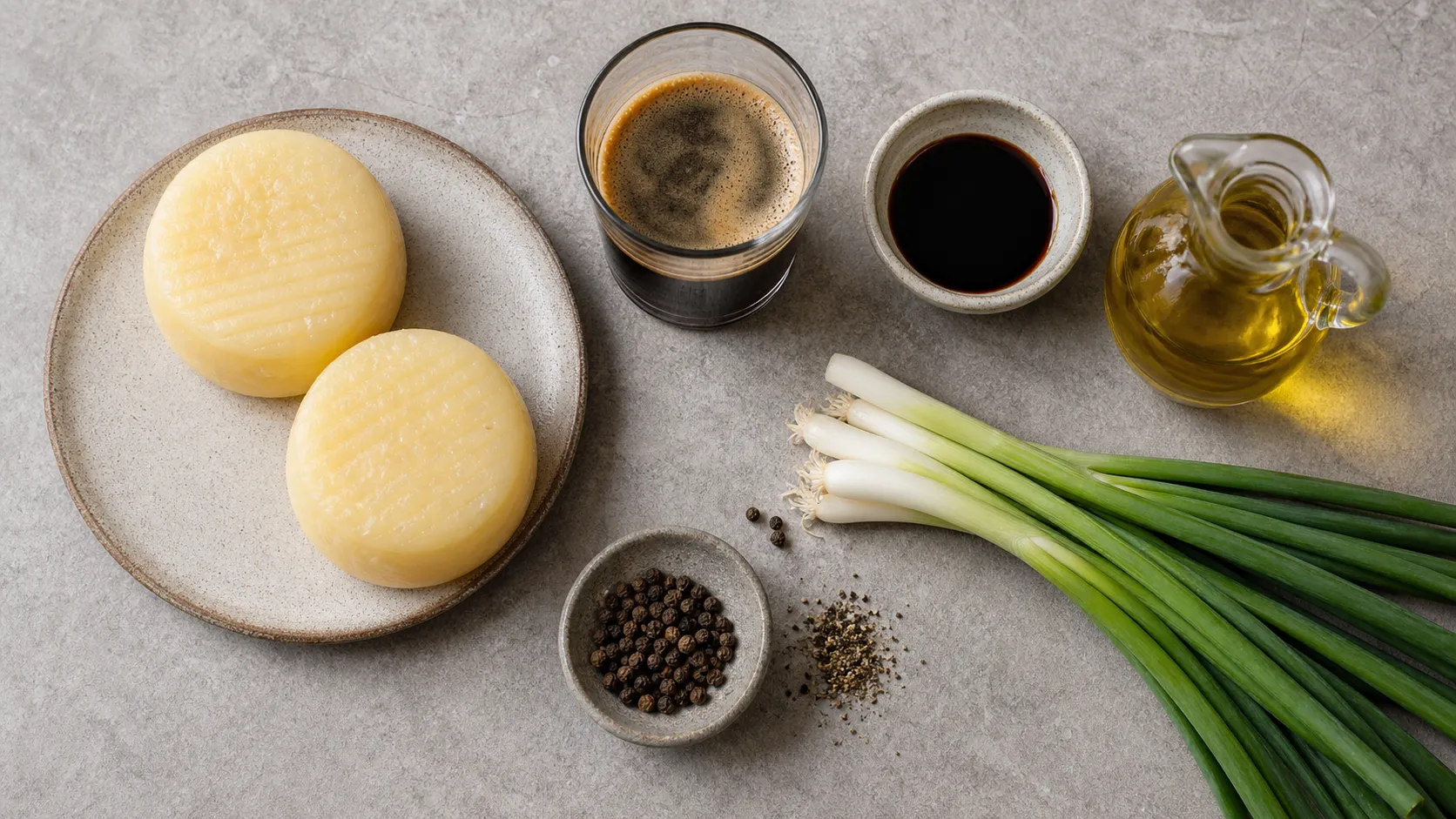 Zutaten für Keto-Handkäse mit Espresso-Balsamico-Marinade als Flatlay mit Handkäse, Espresso, Balsamico, Olivenöl und Frühlingszwiebeln