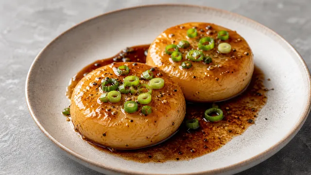 Keto-Handkäse mit Espresso-Balsamico-Marinade, Frühlingszwiebeln und schwarzem Pfeffer auf einem Teller