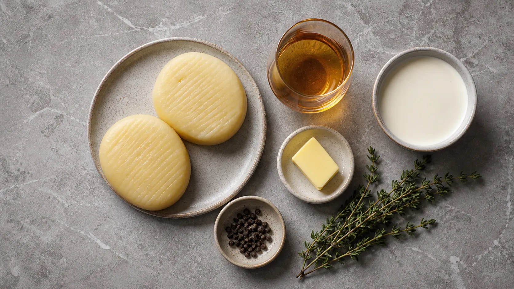Zutaten für flambierten Handkäse: Handkäse, Cognac, Sahne, Butter, Thymian und Pfeffer
