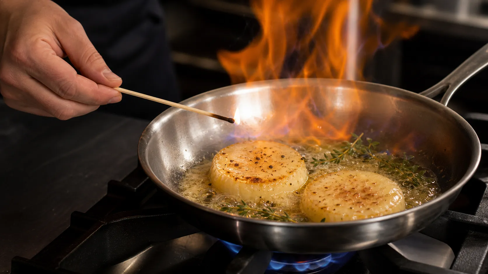 Handkäse wird in der Pfanne mit Cognac flambiert, blaue Flammen sichtbar