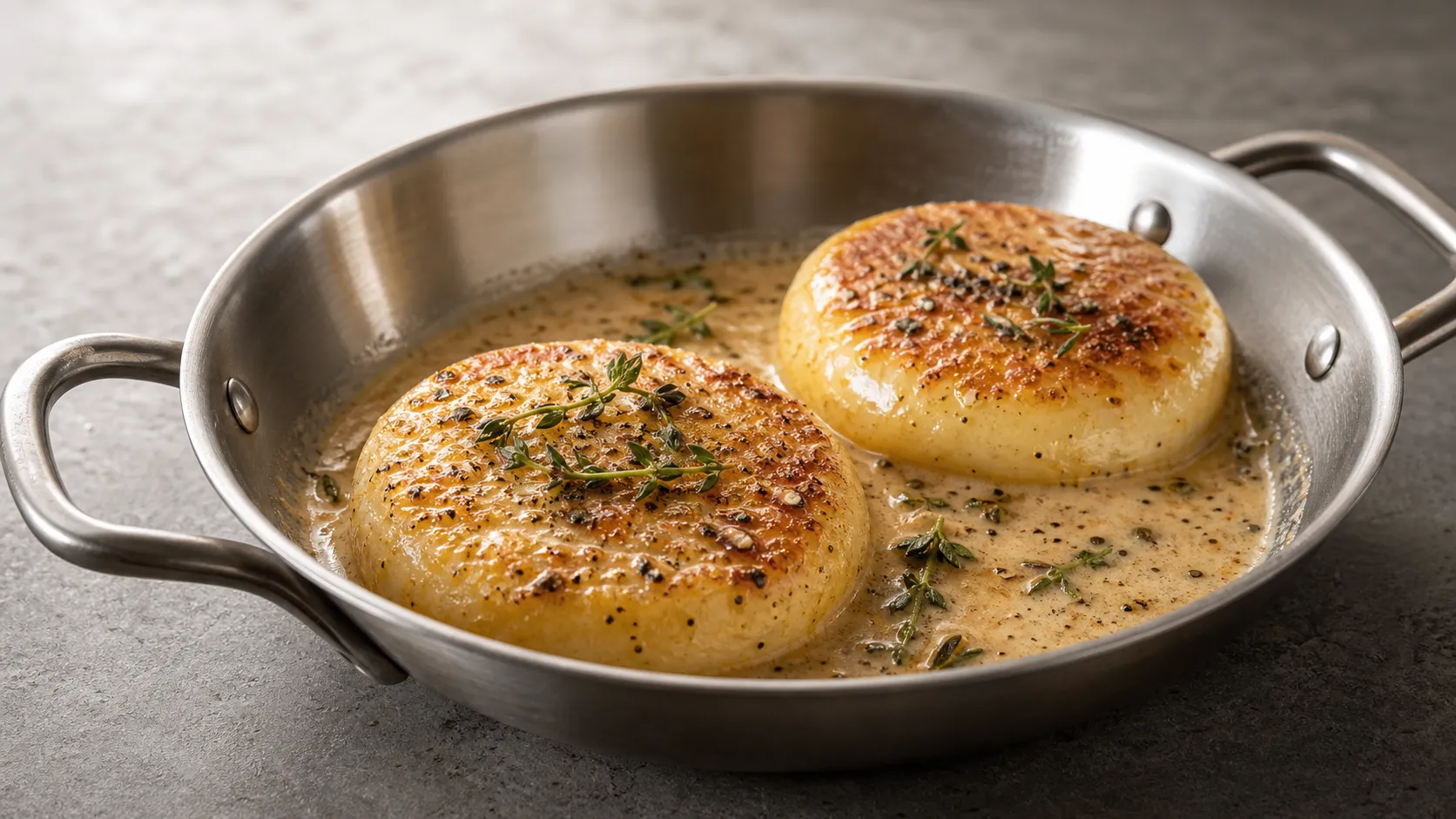 Flambierter Handkäse in der Pfanne mit blauen Flammen und Cognac-Sahnesauce