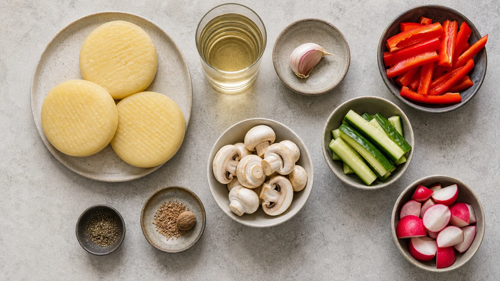 Zutaten für Handkäse-Fondue: Handkäse, Weißwein, Knoblauch, Paprika, Gurke, Radieschen