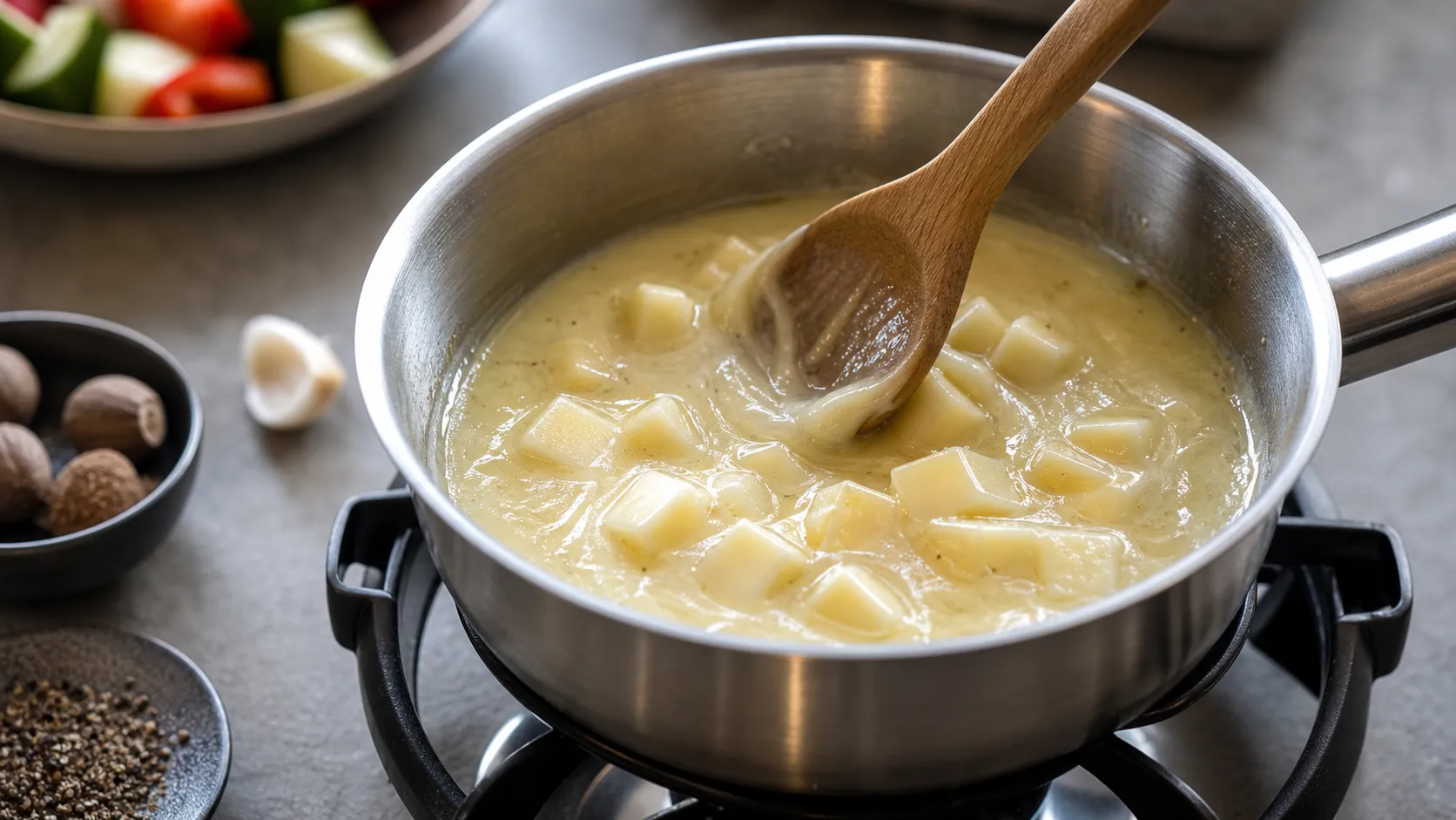 Handkäse wird in Weißwein mit Knoblauch im Fonduetopf eingerührt und cremig geschmolzen