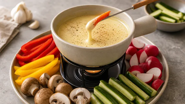 Keto-Handkäse-Fondue im Caquelon mit Gemüsesticks aus Paprika, Gurke und Radieschen