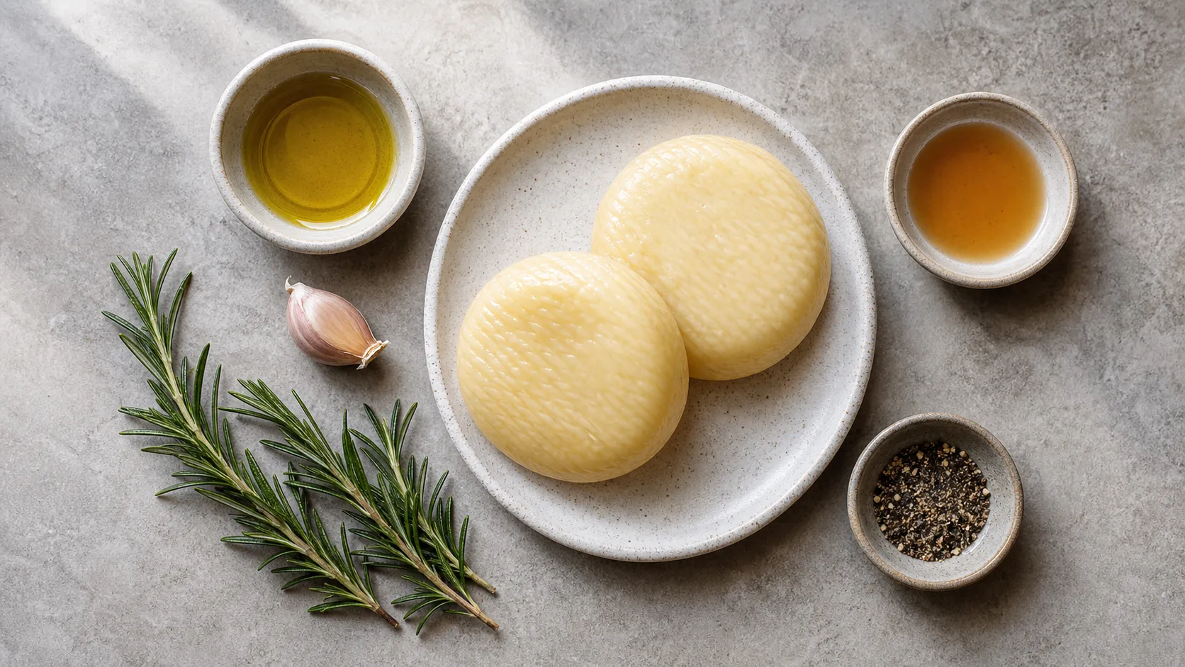 Zutaten für gebratenen Handkäse: Handkäse, Olivenöl, Knoblauch, Rosmarin und Apfelessig