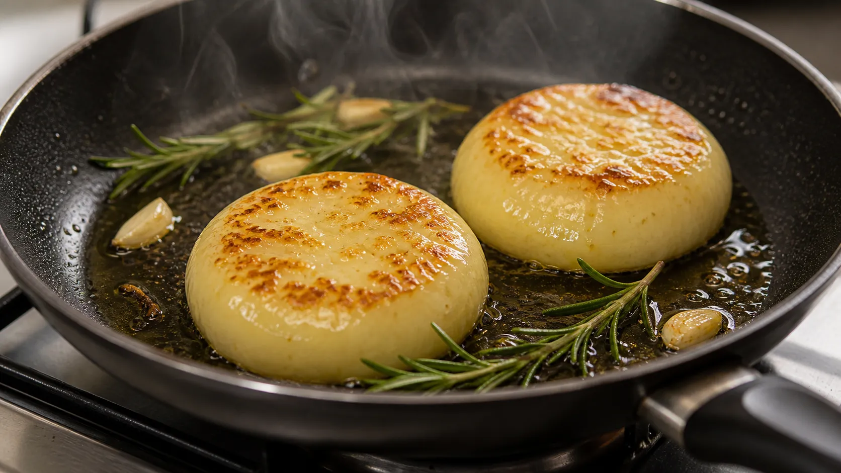 Handkäse wird in der Pfanne bei mittlerer Hitze mit Olivenöl und Rosmarin gebraten
