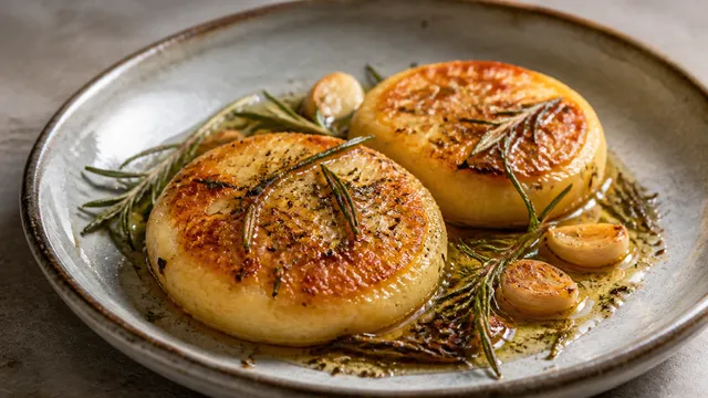 Gebratener Handkäse mit goldbrauner Kruste, Rosmarin und Knoblauch in der Pfanne