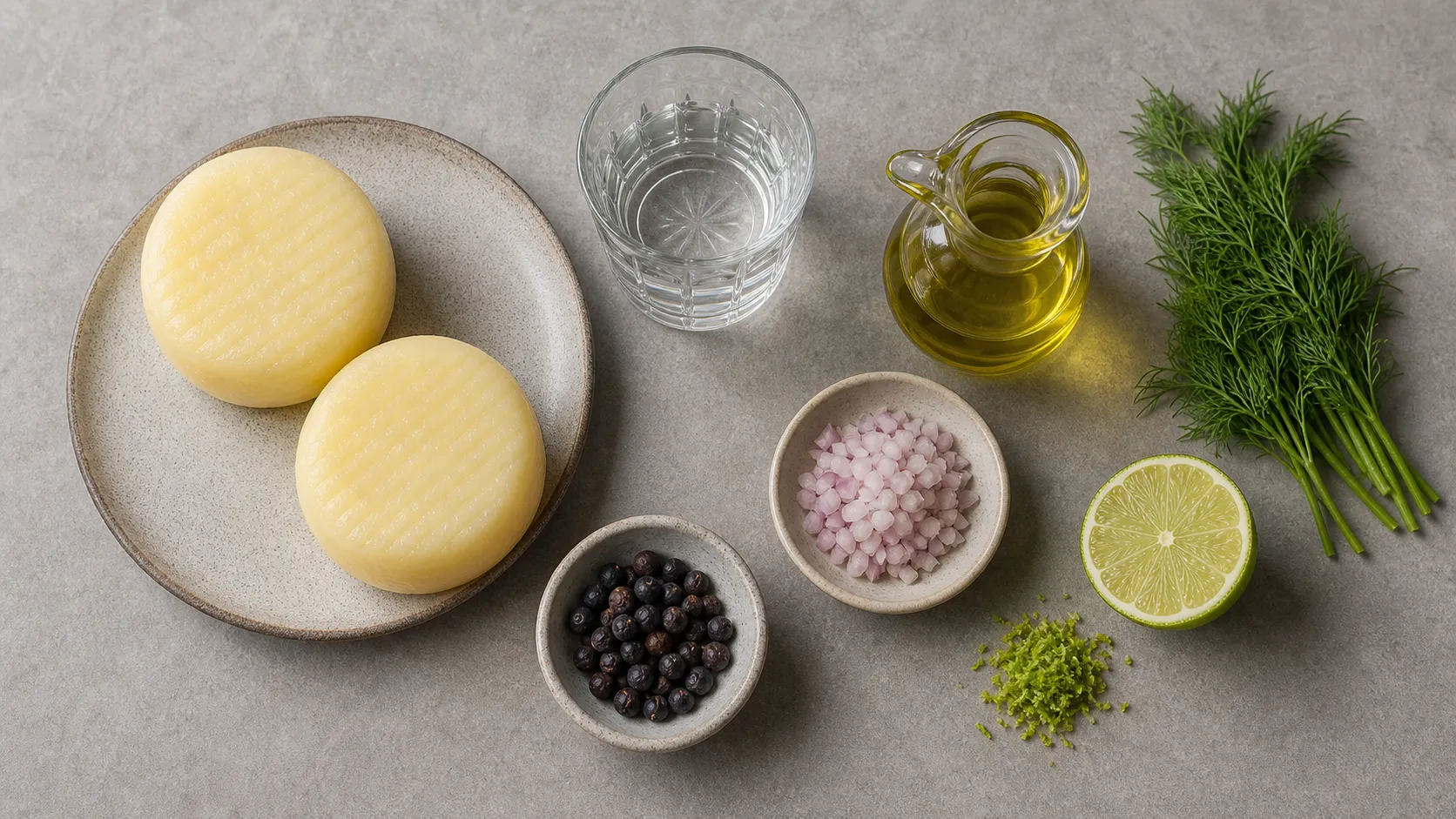 Zutaten für Keto-Handkäse mit Gin-Wacholder-Marinade als Flatlay mit Handkäse, Gin, Wacholder, Limette, Dill und Schalotte