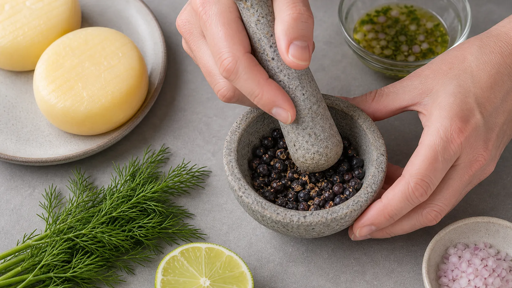 Wacholderbeeren werden im Mörser für die Gin-Marinade angedrückt