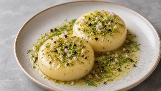 Keto-Handkäse mit Gin-Wacholder-Marinade, Dill, Limettenzeste und Schalotte auf einem Teller