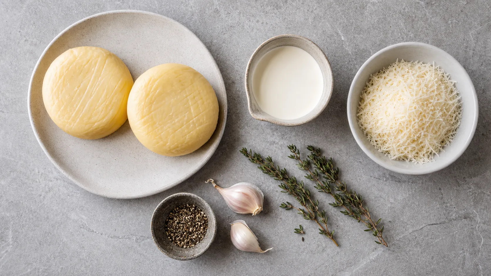 Zutaten für Handkäse-Gratin: Handkäse, Sahne, Parmesan, Knoblauch, Thymian und Pfeffer