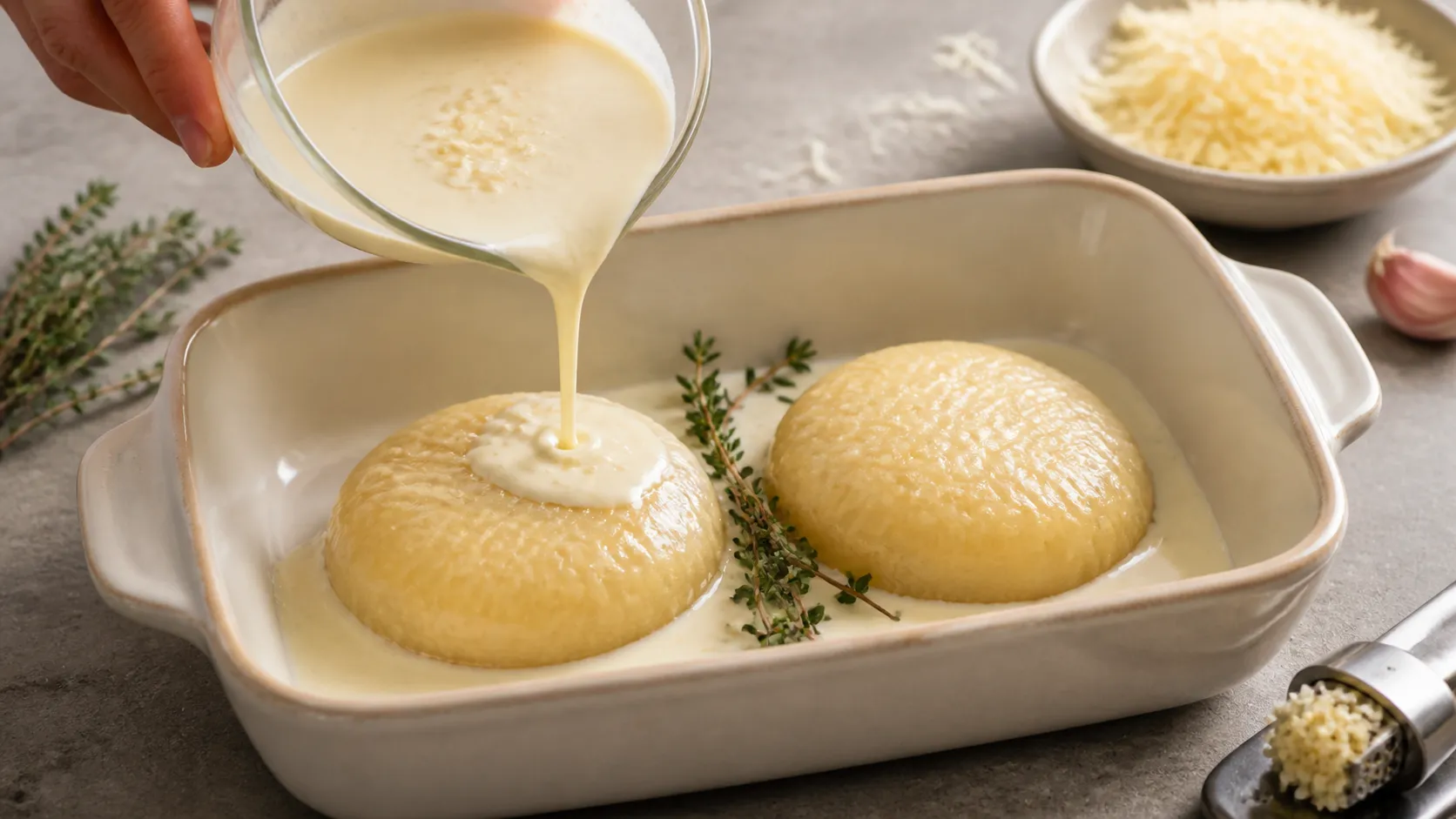 Handkäse in der Auflaufform mit Sahne und Parmesan vor dem Überbacken im Ofen
