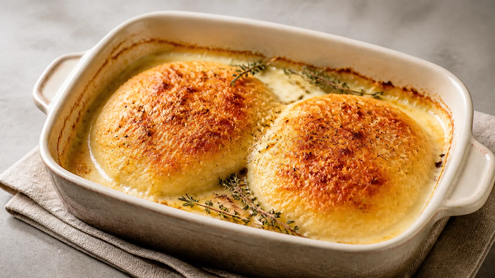 Handkäse-Gratin aus der Auflaufform, goldbraune Parmesankruste über cremiger Sahnesauce