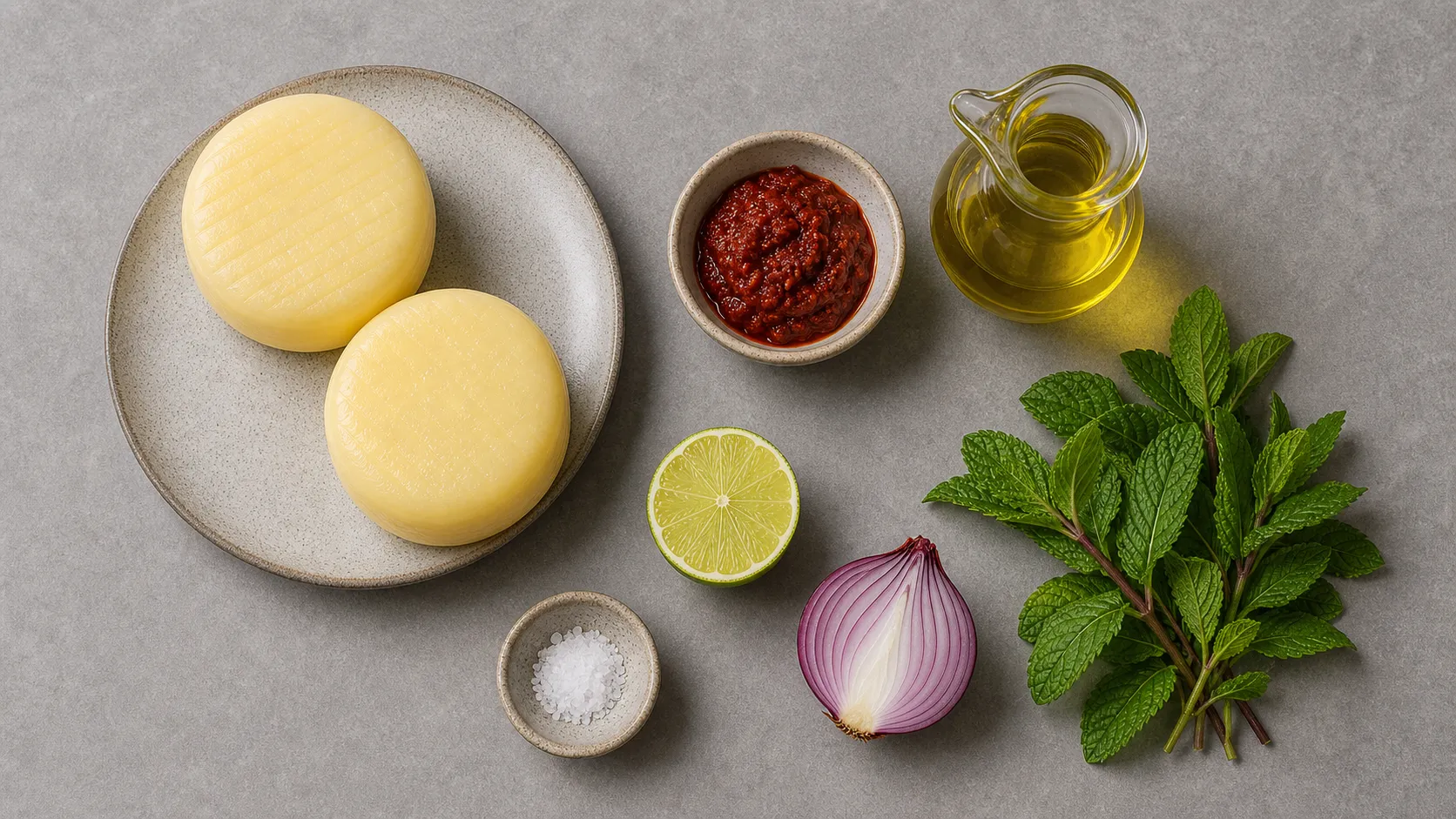 Zutaten für Keto-Handkäse mit Harissa und Minze als Flatlay mit Handkäse, Harissa, Olivenöl, Limette, roter Zwiebel und Minze