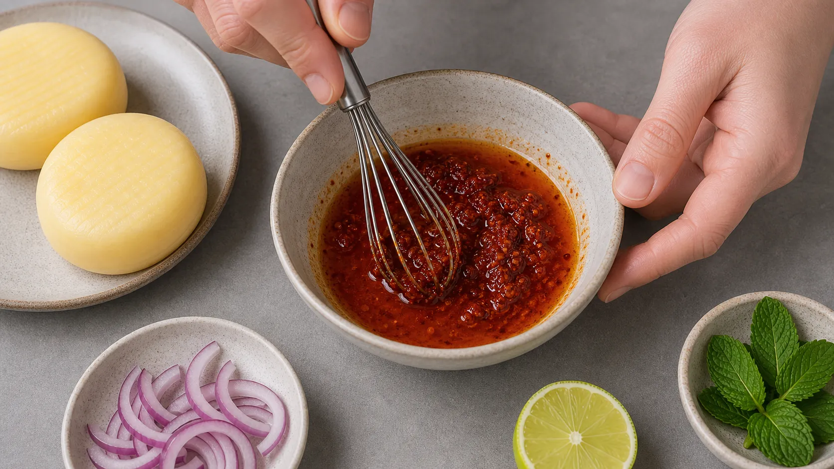 Harissa, Olivenöl und Limettensaft werden zu einer roten Marinade verrührt