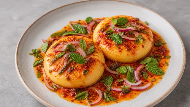 Keto-Handkäse mit roter Harissa-Marinade, Minze und roten Zwiebeln auf einem Teller