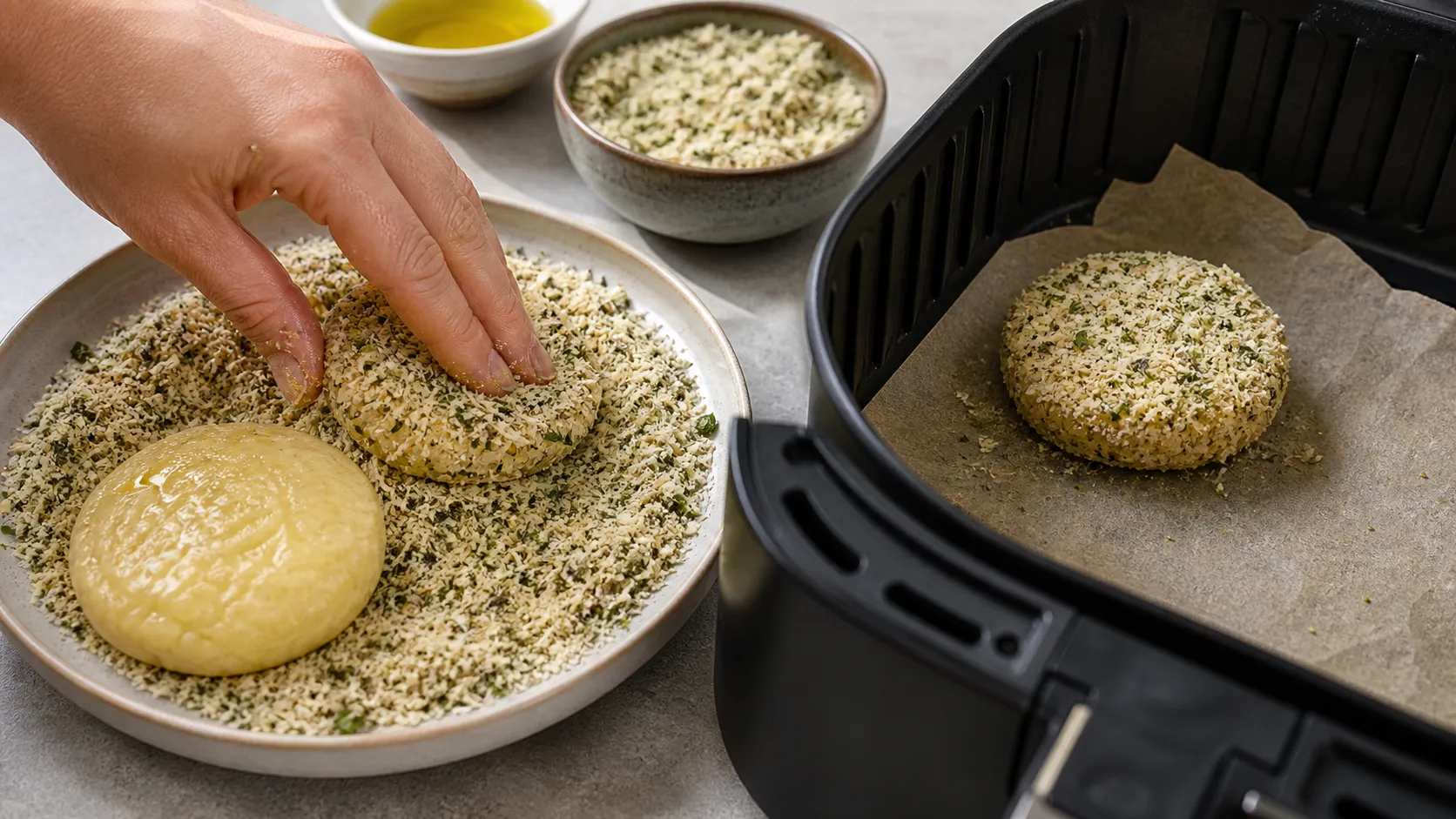 Handkäse mit Parmesankruste im Korb der Heißluftfritteuse vor dem Garen