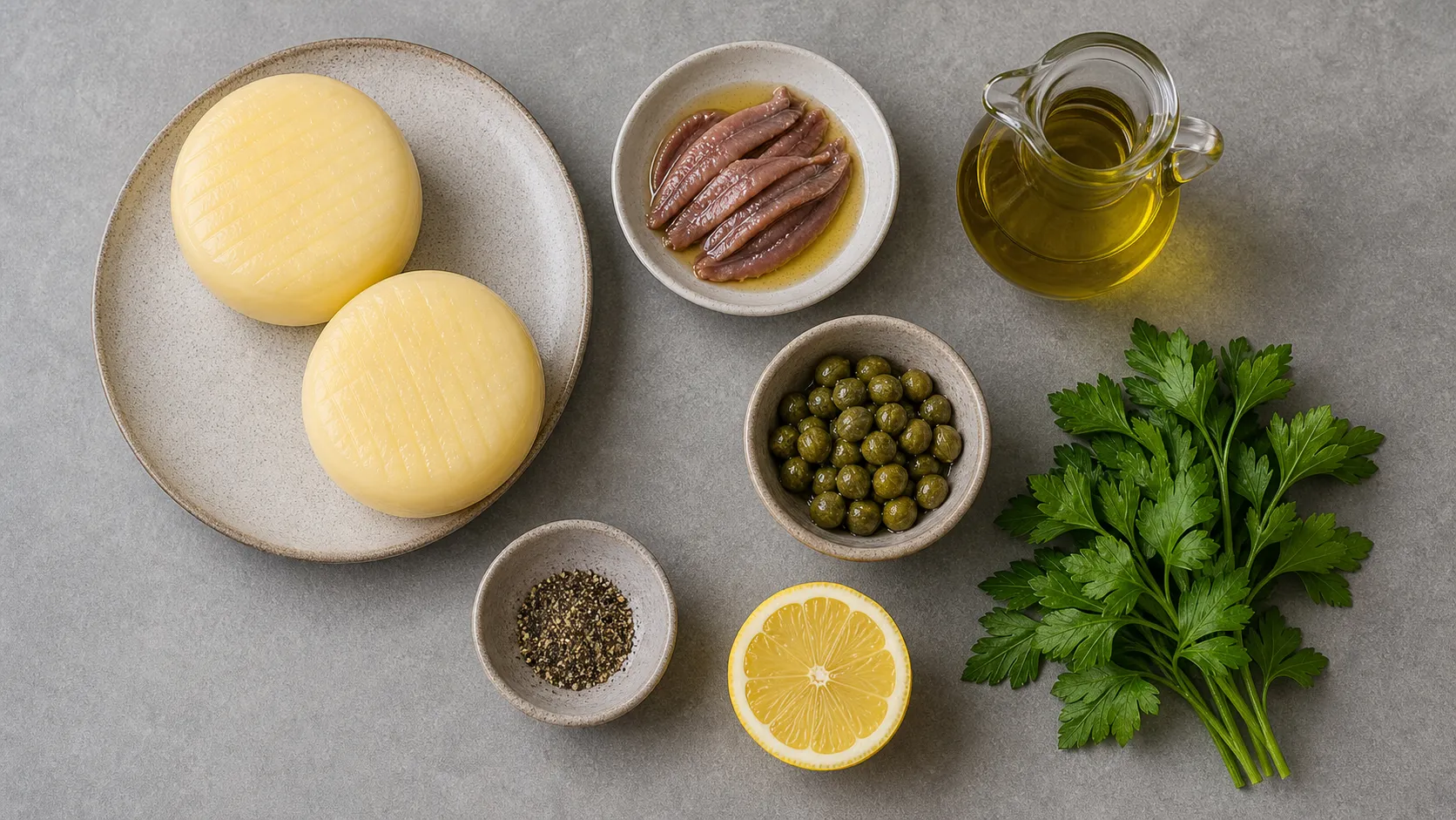 Zutaten für Keto-Handkäse mit Kapern und Sardellen als Flatlay mit Handkäse, Sardellenfilets, Kapern, Zitrone, Olivenöl und Petersilie