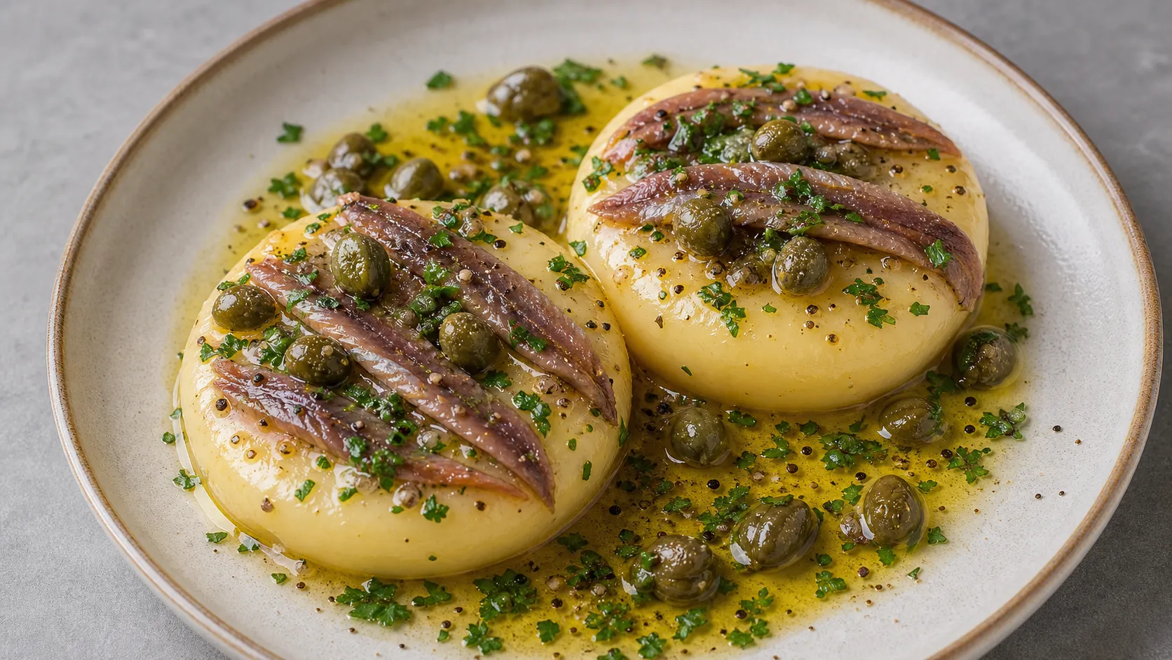 Keto-Handkäse mit Sardellenfilets, Kapern, Olivenöl, Zitrone und Petersilie auf einem Teller