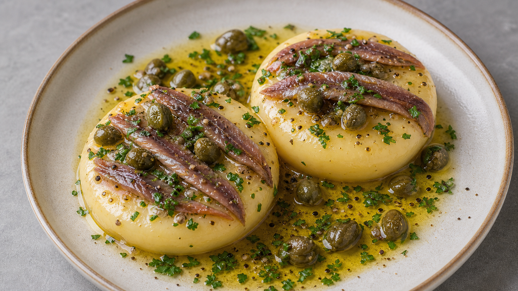 Keto-Handkäse mit Sardellenfilets, Kapern, Olivenöl, Zitrone und Petersilie auf einem Teller