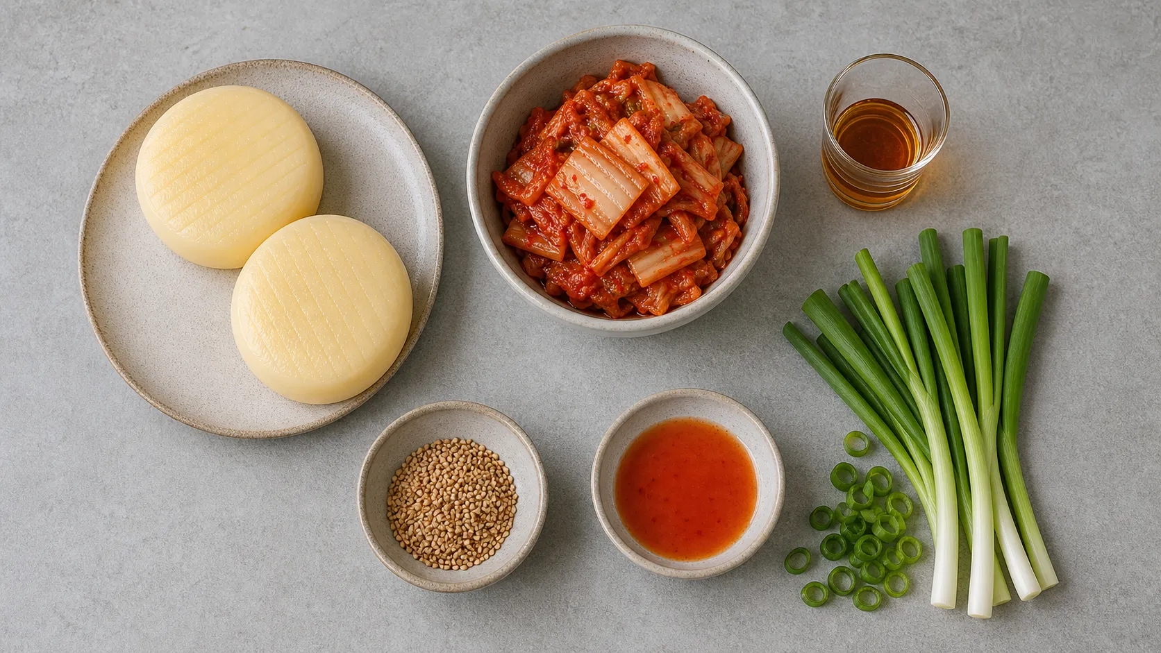 Zutaten für Keto-Handkäse mit Kimchi und Sesamöl als Flatlay mit Handkäse, Kimchi, Sesamöl, Sesam und Frühlingszwiebeln